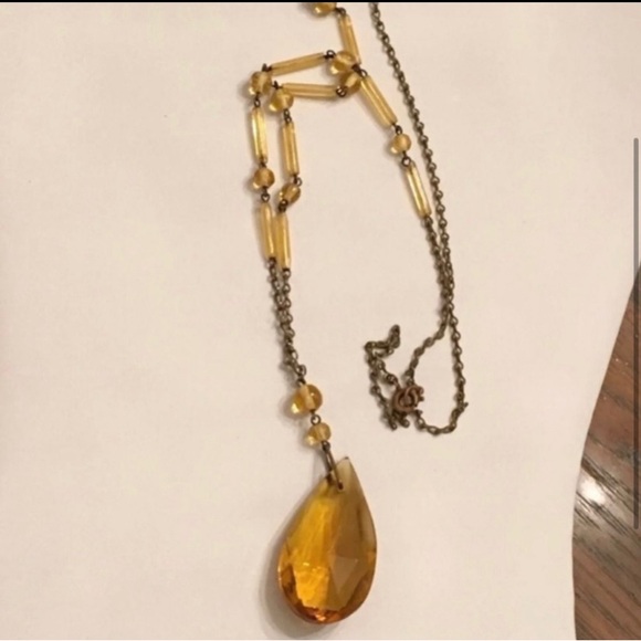 Vintage Amber Czech Glass Lavaliere Necklace.  Clasp is marked Czechoslovakia. - Picture 2 of 6